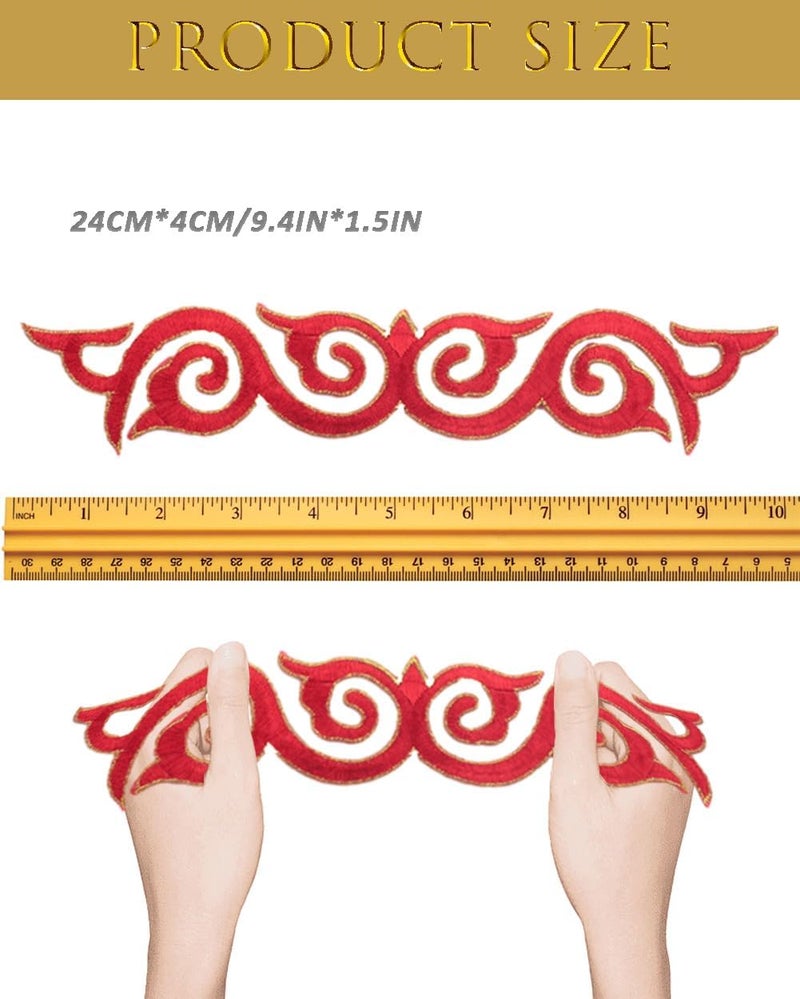 MSCFTFB 10 Pieces Swirl Embroidered Applique with Gold Trimming Scroll Iron on Patch Vine Border Lace Fringe Edge for Medieval Costume Wedding Dress Pillow Sewing Accessories (Red) - Image 2
